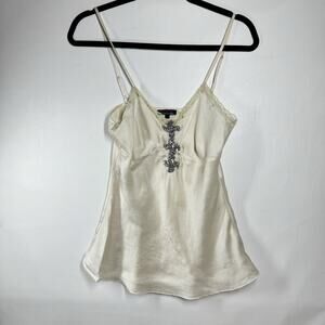 Y2K 2000s Cream Silk Babydoll Top Sz M Splatter Rhinestone Embellished Lace Trim